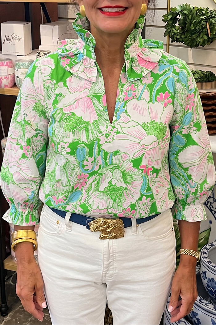3/4 Sleeve Floral Ruffle Collar Top