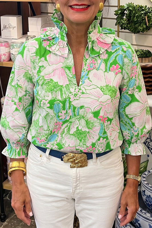 3/4 Sleeve Floral Ruffle Collar Top