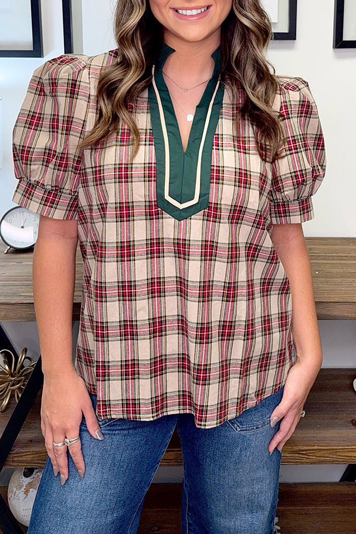 V-Neck Puff Sleeves Plaid Top