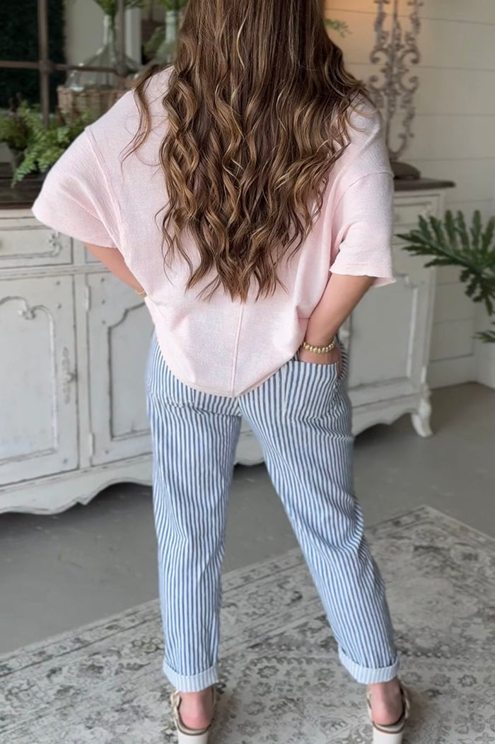 Blue Stripe Drawstring Cuffed Cropped Pants