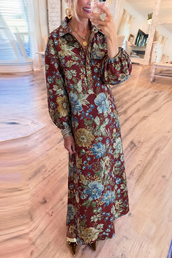 Floral Jacquard Pocket Puff Sleeve Maxi Dress