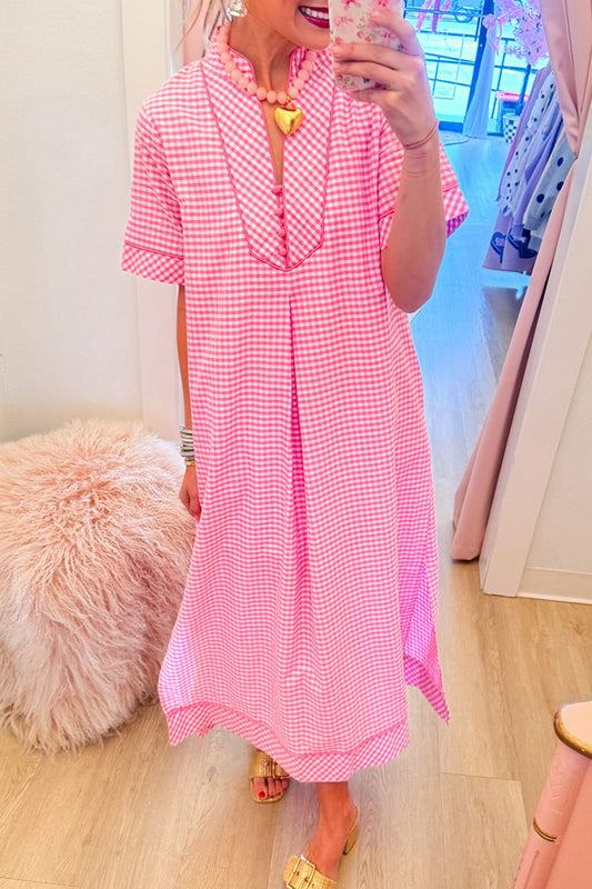 Pink Gingham Pocket Contrast Trim Dress