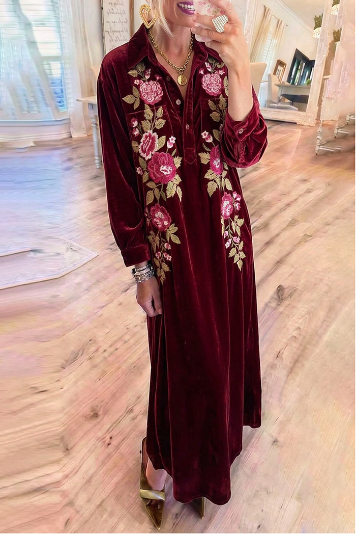Velvet Collared Floral Embroidery Long Sleeve Maxi Dress