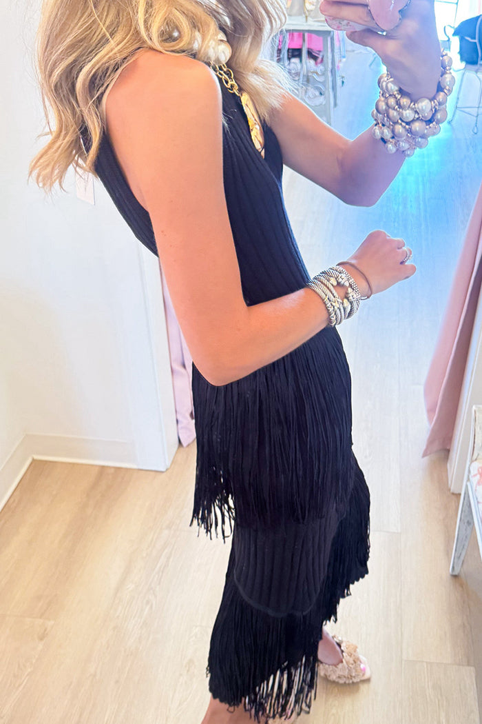 Black Sleeveless Round Neck Asymmetrical Fringe Maxi Dress