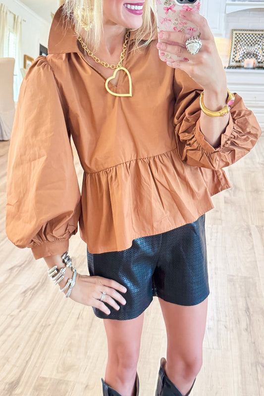 Toffee Balloon Sleeve Peplum Top