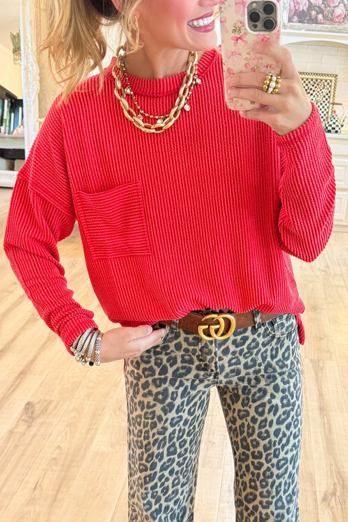 Ribbed Long Sleeve Drop Shoulder Top