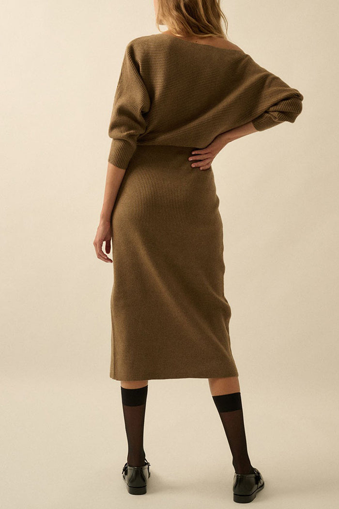 A Ribbed Knit Sweater Midi Dress