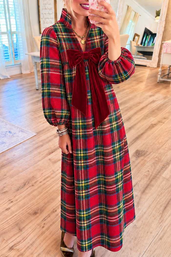 Red Tartan Plaid Velvet Bow Pocket Maxi Dress