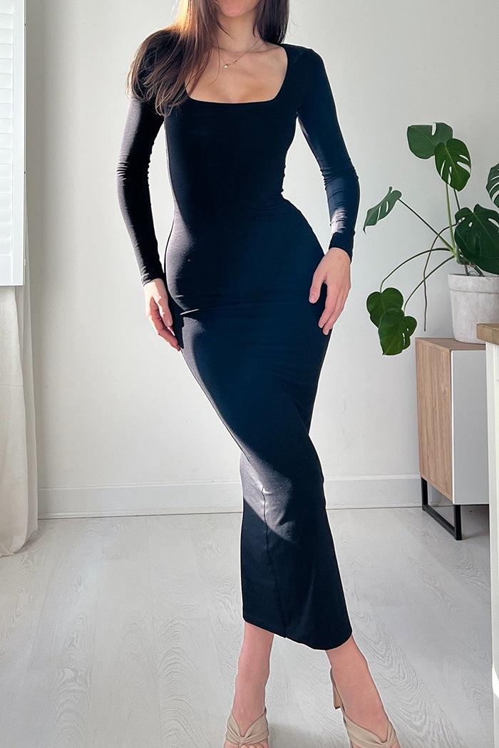Reversible Long-Sleeve Fitted-Waist Maxi Dress