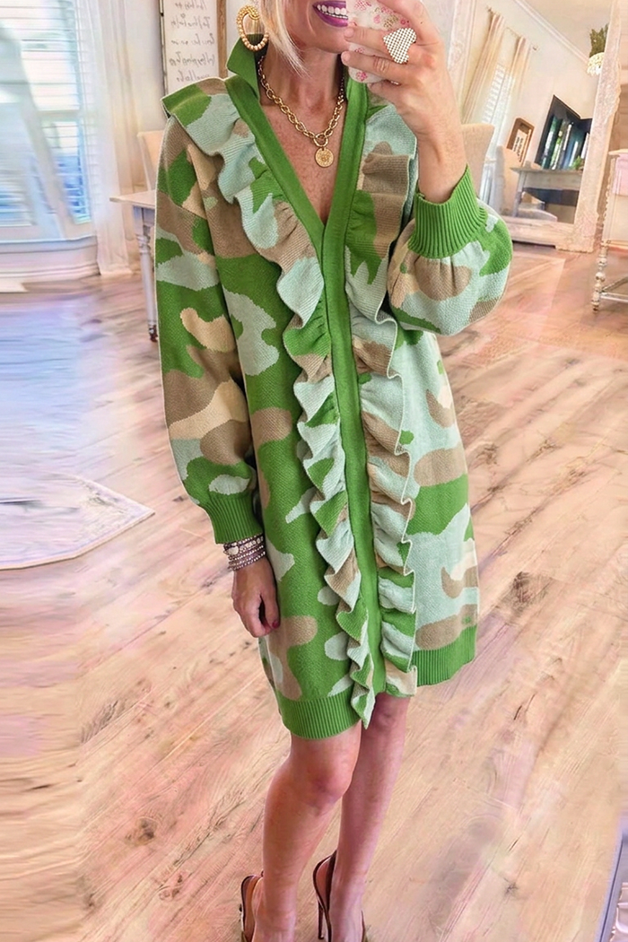Green Camo Knit Ruffle Front Placket Dress