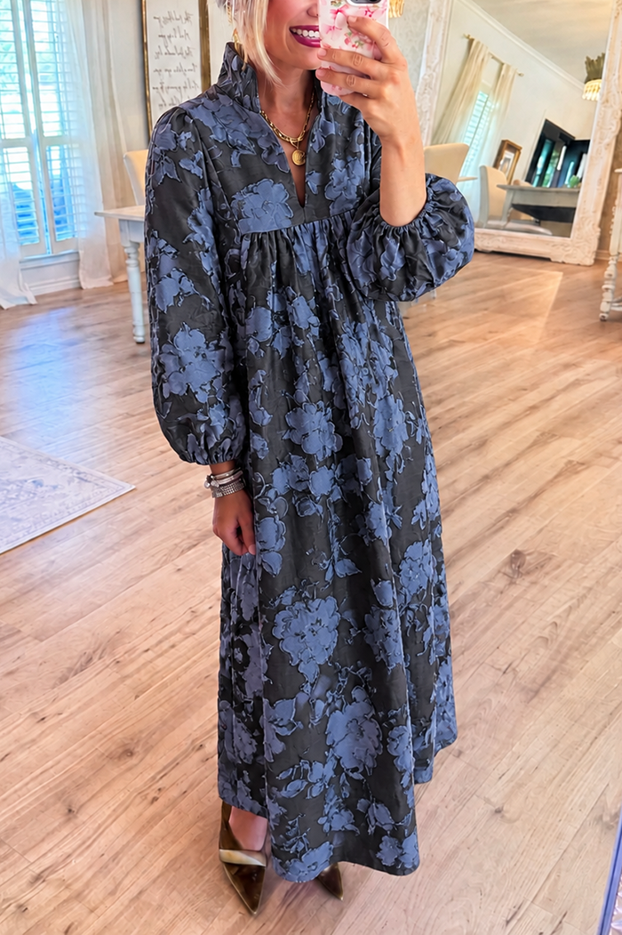 Balloon Long Sleeves Jacquard Pocket Maxi Dress