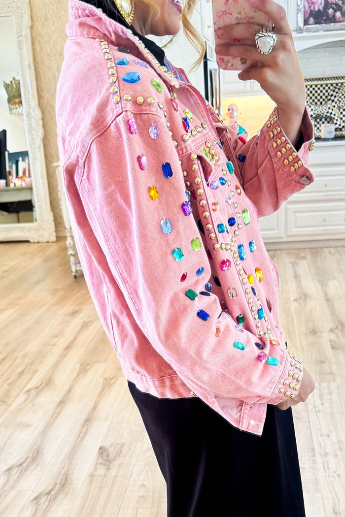 Pink Jeweled Mineral Washed Denim Jacket