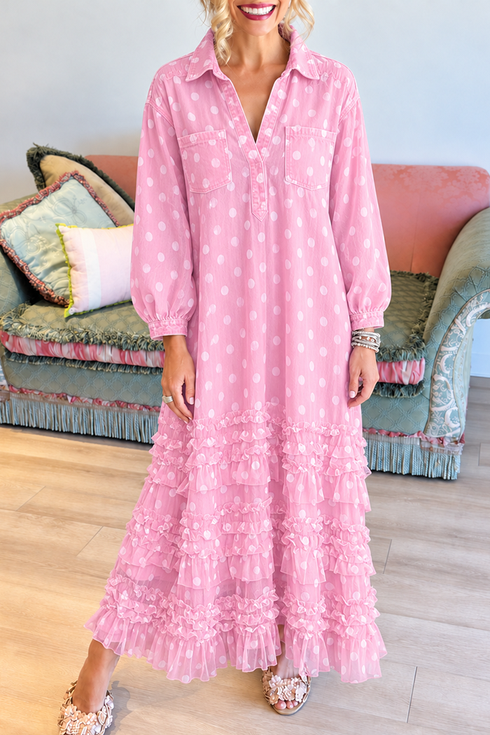 Polka Dot Collar Chest Pockets Tiered Ruffle Hem Maxi Dress