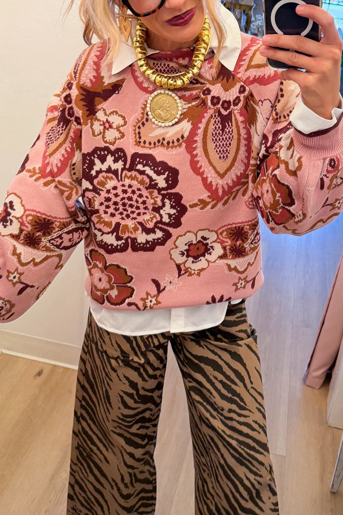 Mauve Floral Balloon Sleeve Sweater