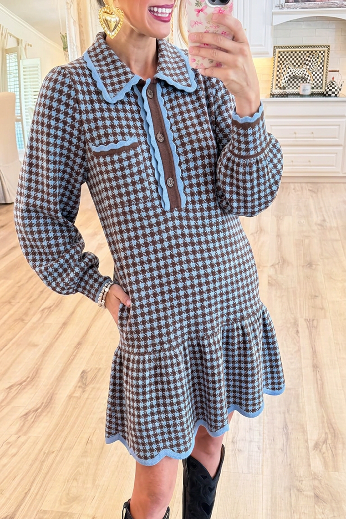 Houndstooth Knit Collared Wavy Trim Puff Sleeves Pockets Dress