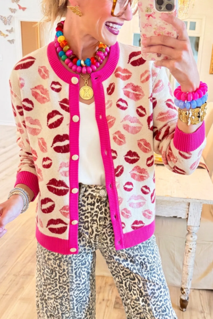 Cream Lip Print Pink Contrast Trim Button Front Cardigan