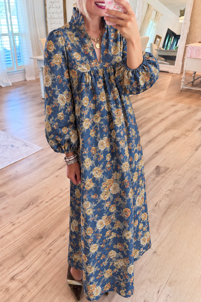 Vintage Floral Gathered Puff Sleeve Maxi Dress