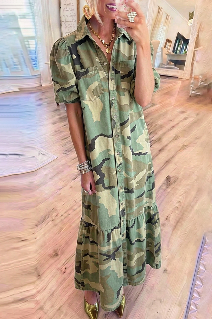 Camo Puff Sleeve Tiered Maxi Denim Dress