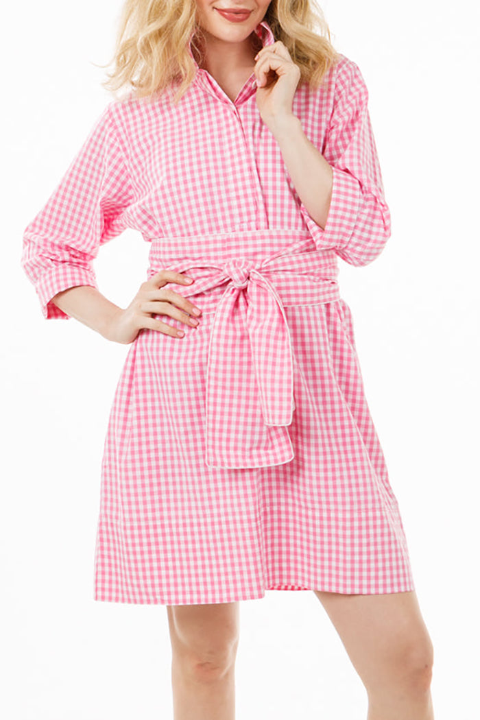 Casual Belted Gingham Shirt Dress