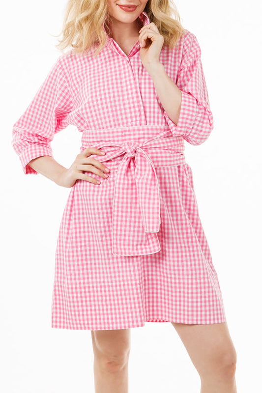 Casual Belted Gingham Shirt Dress