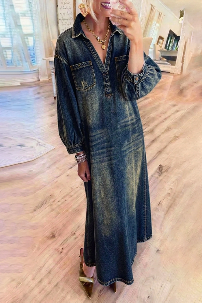 Vintage Faded Distressed Denim Maxi Dress