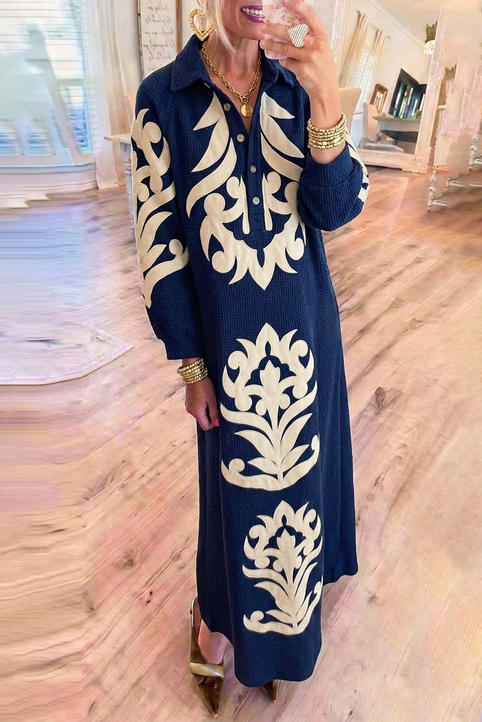 Navy Cream Knit Embroidery Collared Long Sleeve Pockets Maxi Dress