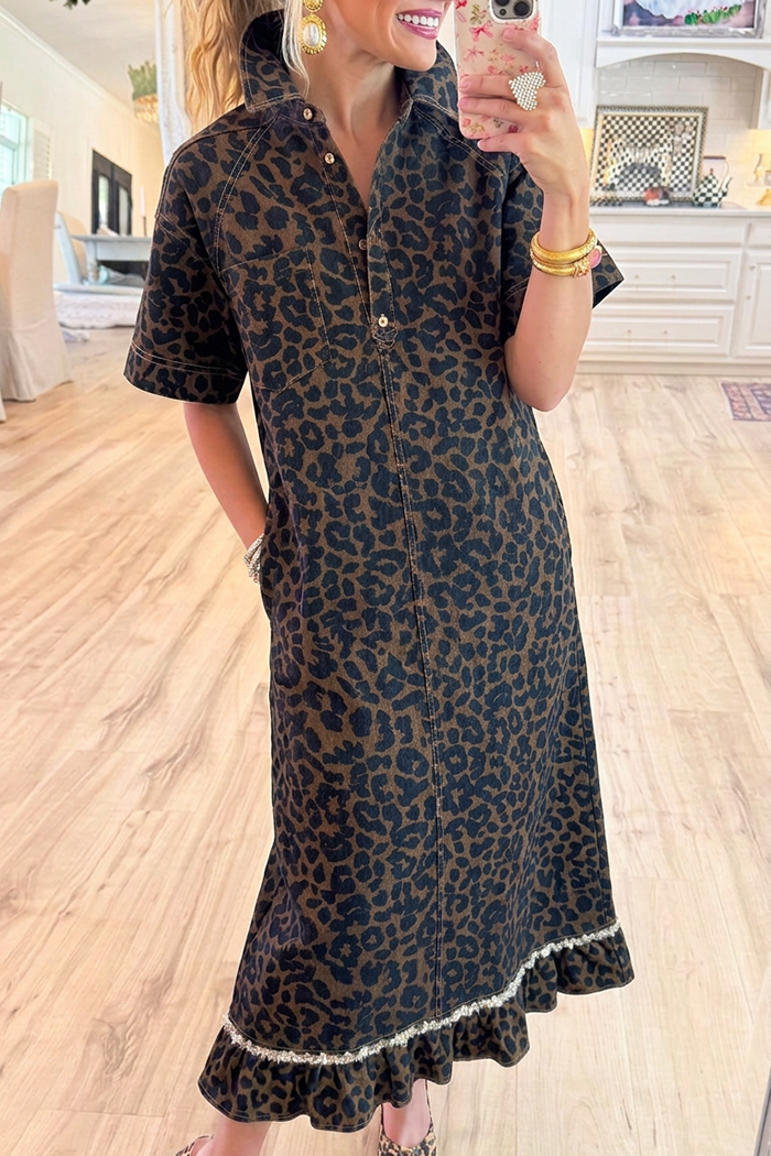 Denim Leopard Short Sleeve Ruffle Hem Maxi Dress