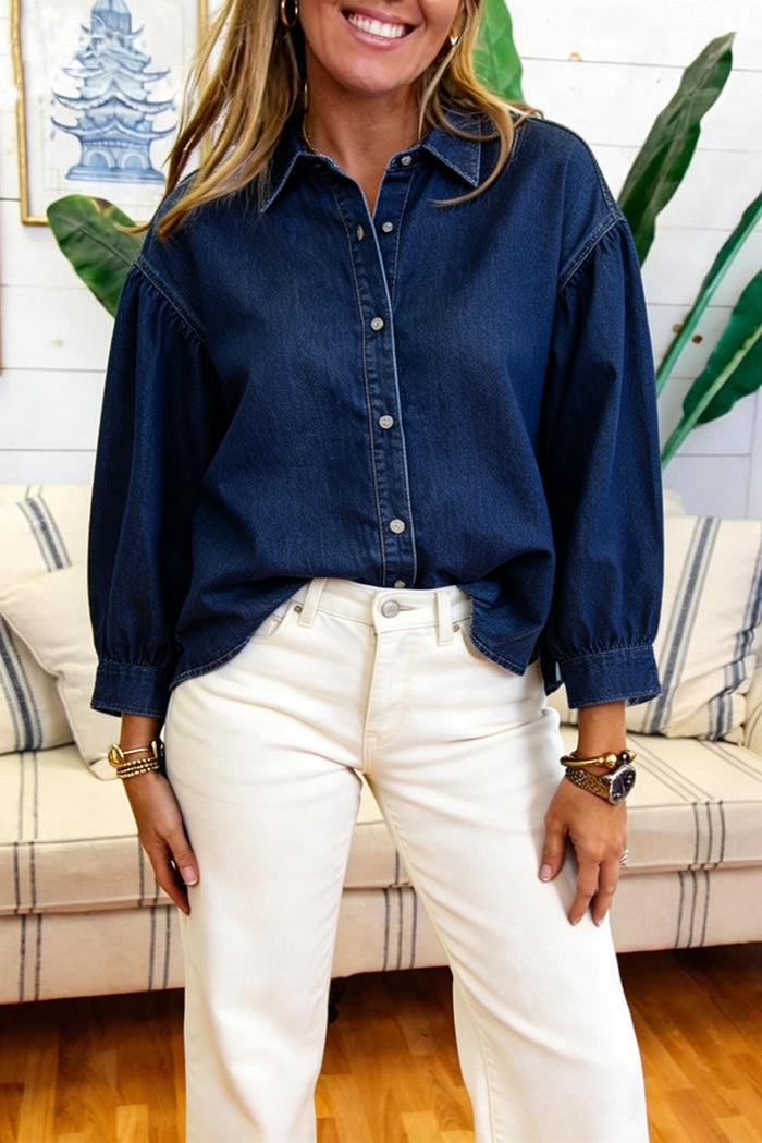 Shirt Collar Button Front Denim Top