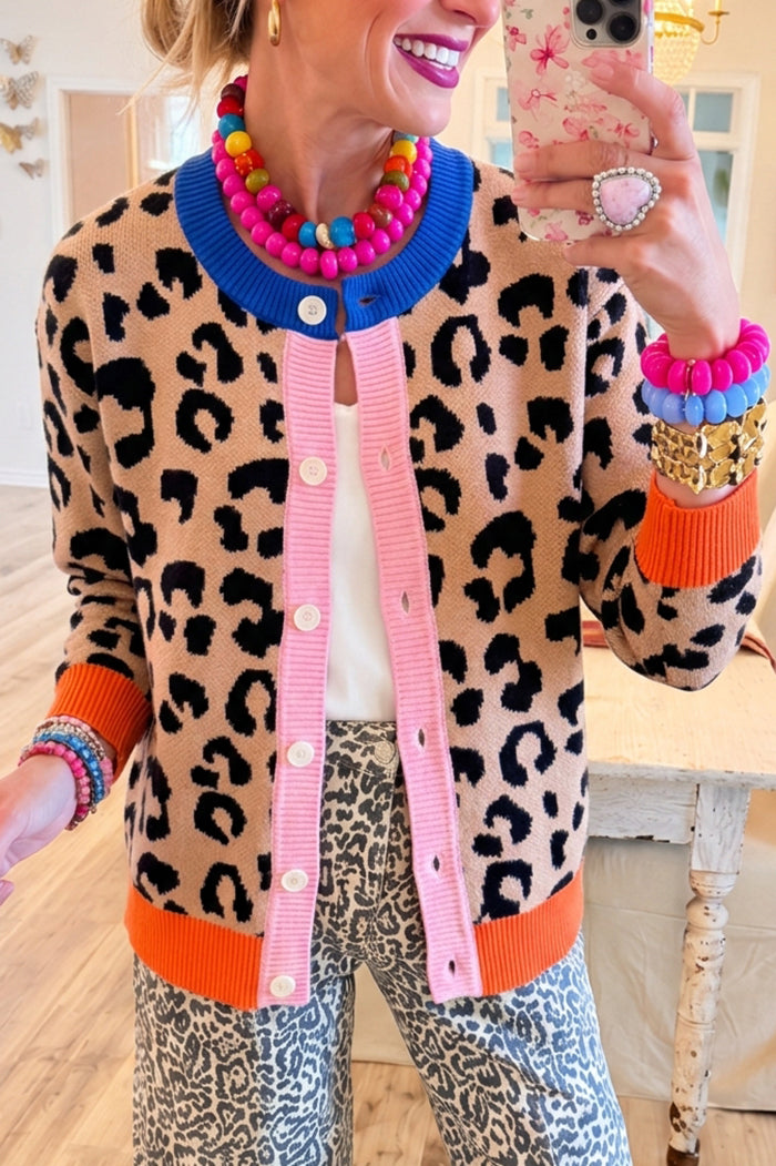 Leopard Knit Colorblock Button Cardigan