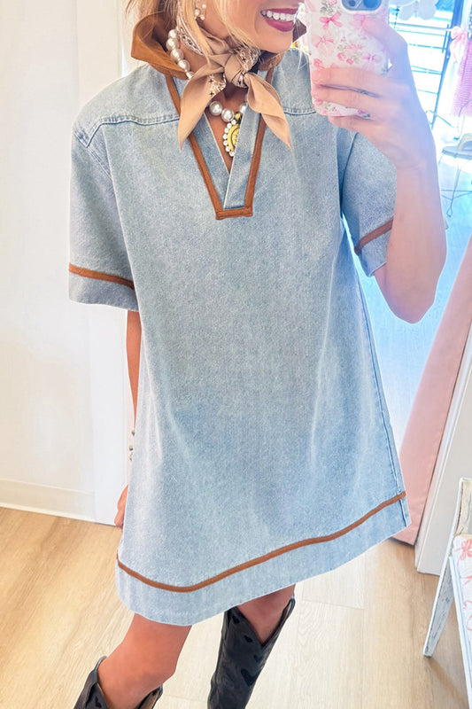 Washed Denim Collared Shift Dress