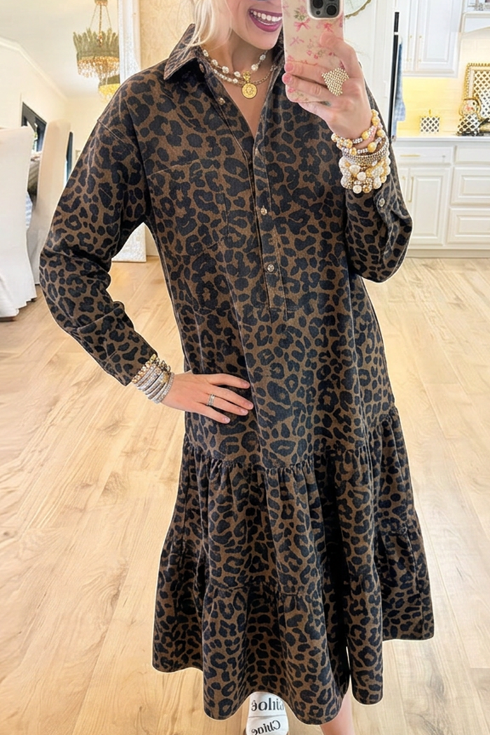 Denim Leopard Collared Tiered Shirt Dress