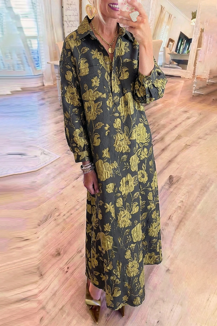Collared Button Front Gold Floral Jacquard Maxi Dress