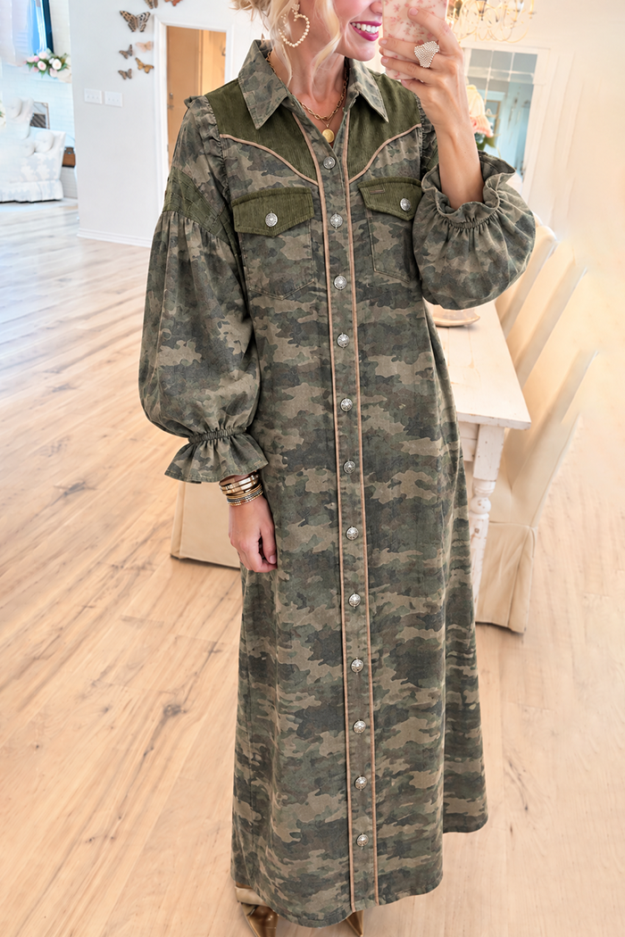 Western Camo Corduroy Splicing Ruffle Cuff Pocket Maxi Dress