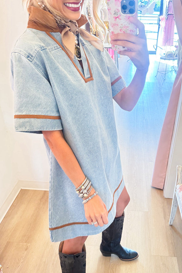 Washed Denim Collared Shift Dress