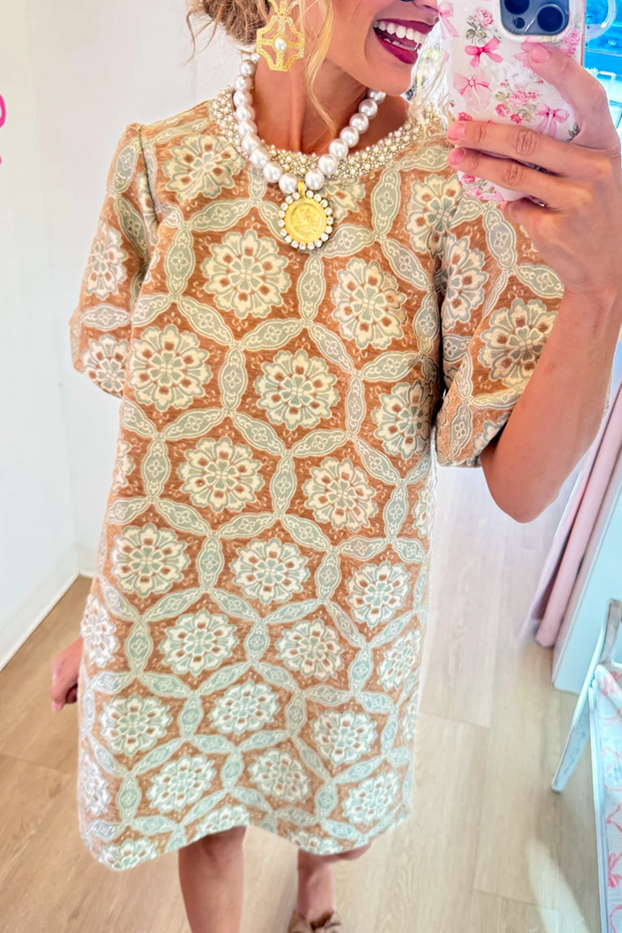 Taupe Geometric Velvet Jacquard Puff Sleeve Dress