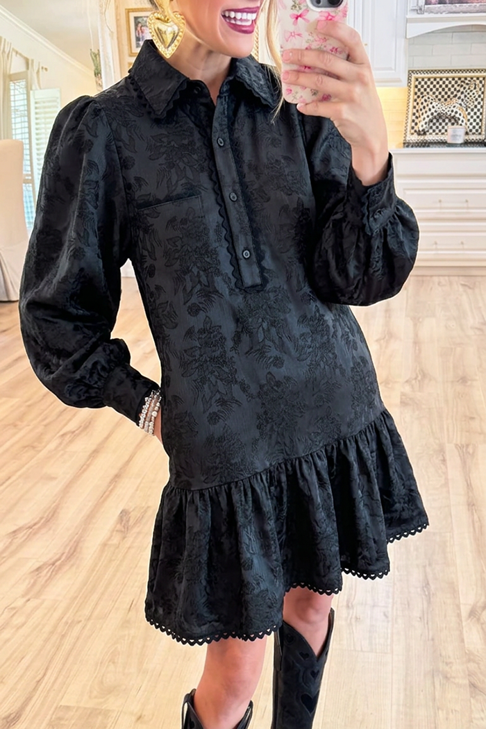Black Jacquard Shirt Collar Puff Sleeves Ruffle Hem Pockets Dress