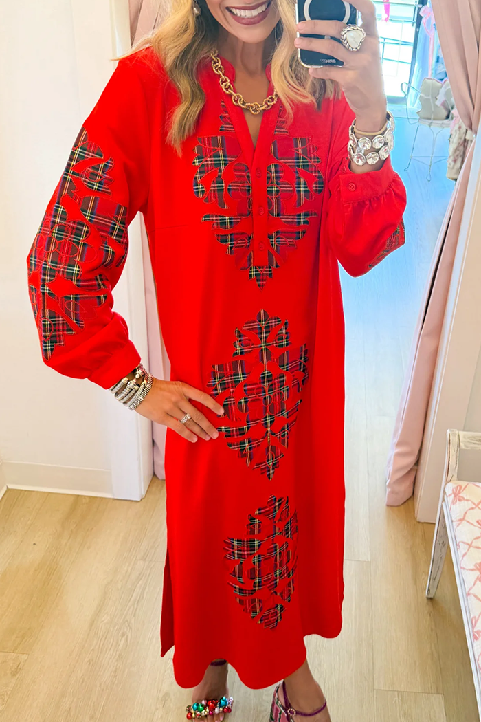 Red Plaid Applique Pocket Maxi Dress