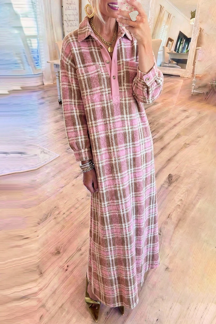 Pink Plaid Collared Pockets Long Sleeve Maxi Shirt Dress