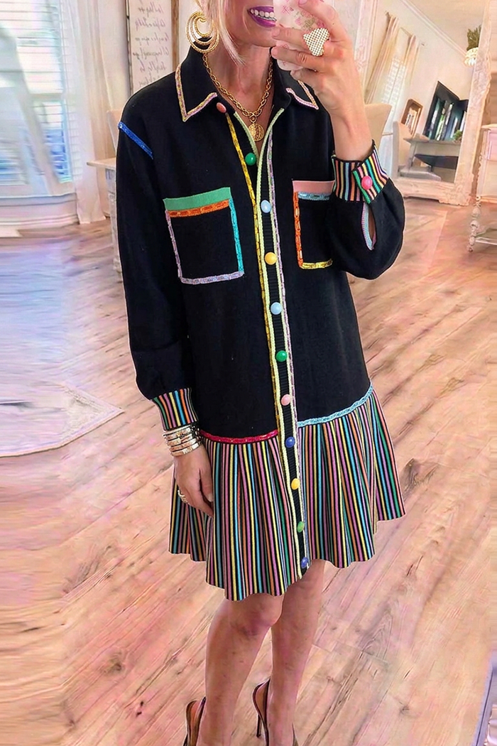 Black Colorful Trim Pleated Pocket Knit Dress