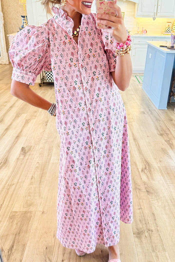 Floral Ruffle Neck Puff Sleeve Midi Dress