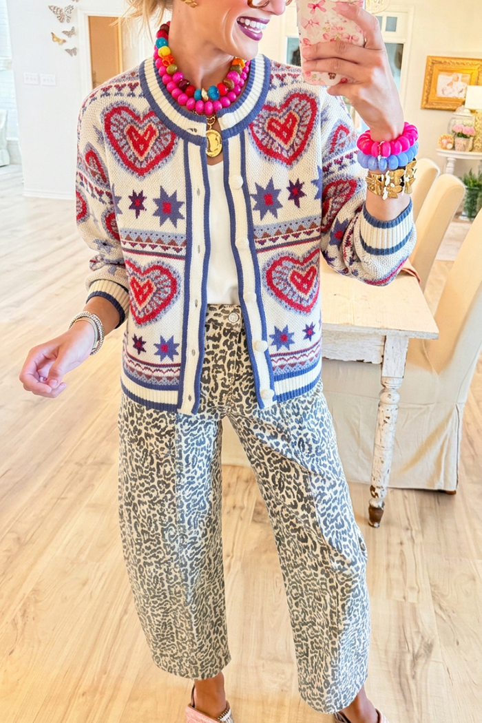 Colorful Heart Knit Round Neck Cardigan