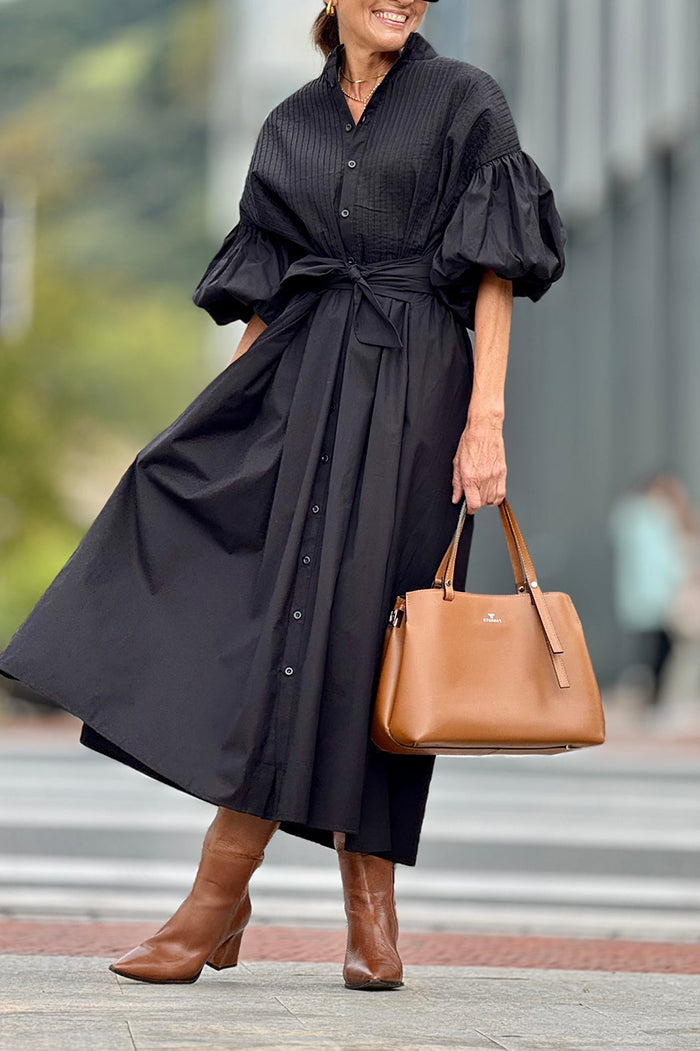 Puff-Sleeve Button-Front Pocket Midi Dress