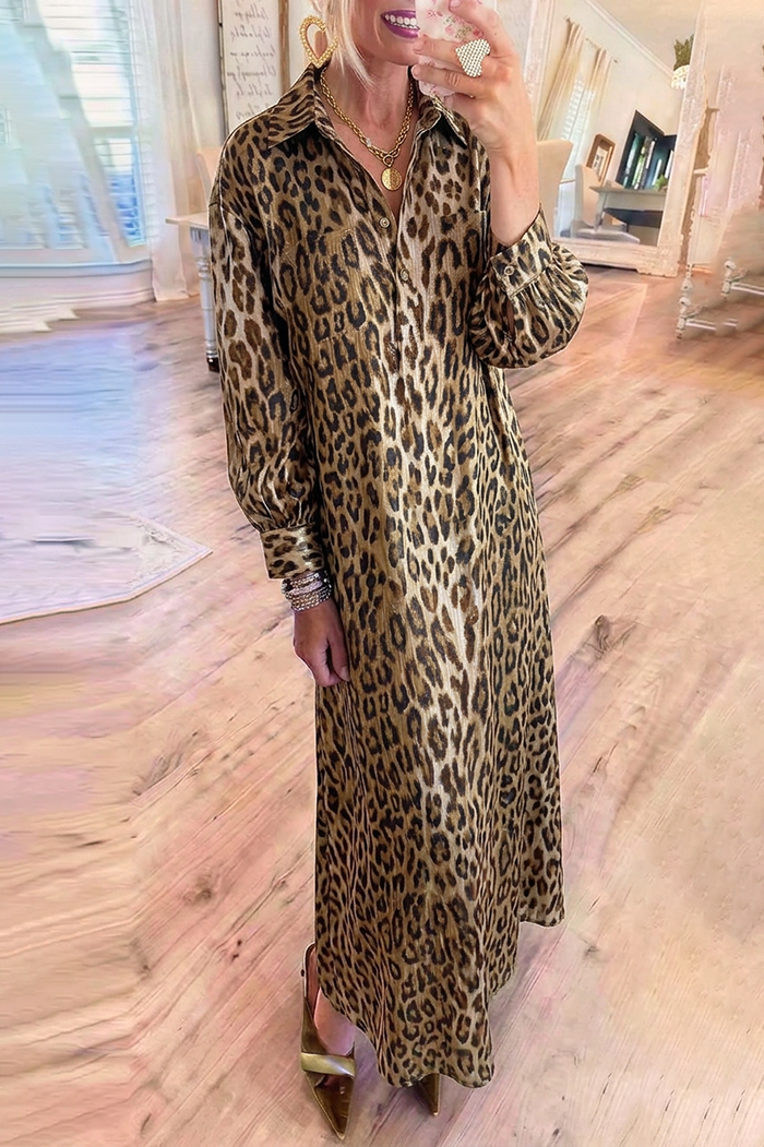 Leopard Print Shirt Collar Long Sleeves Chest Pockets Maxi Dress