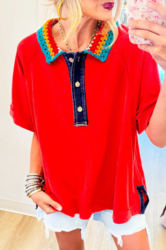 Red Crochet Collar Washed Top