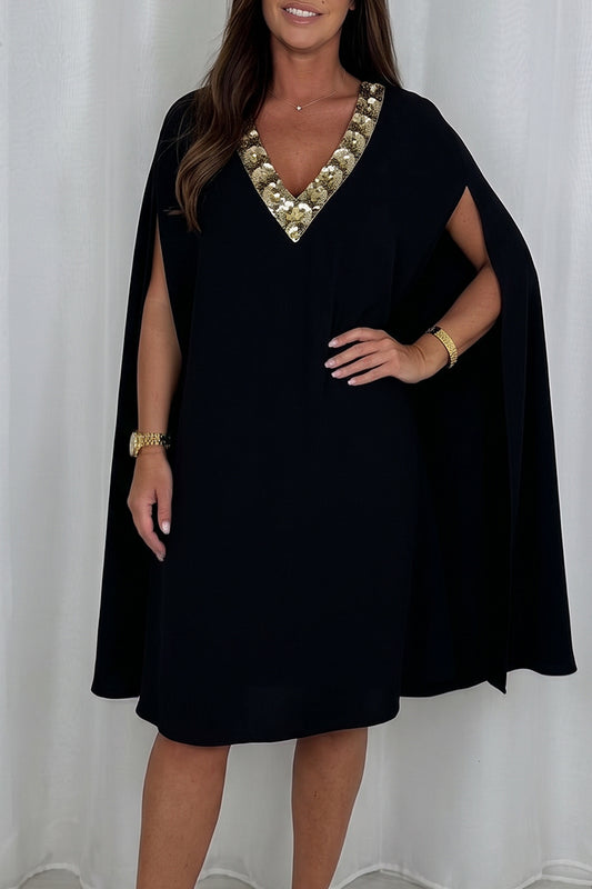 Cape Sleeve Sequin Trim Dress