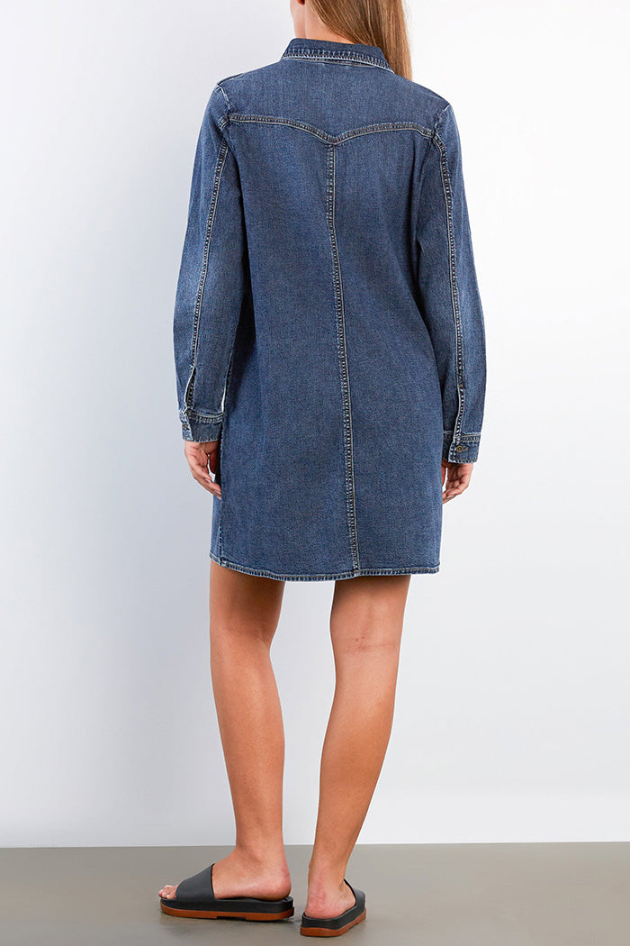 Pocketed Ruffle Trim Denim Shirt Dress