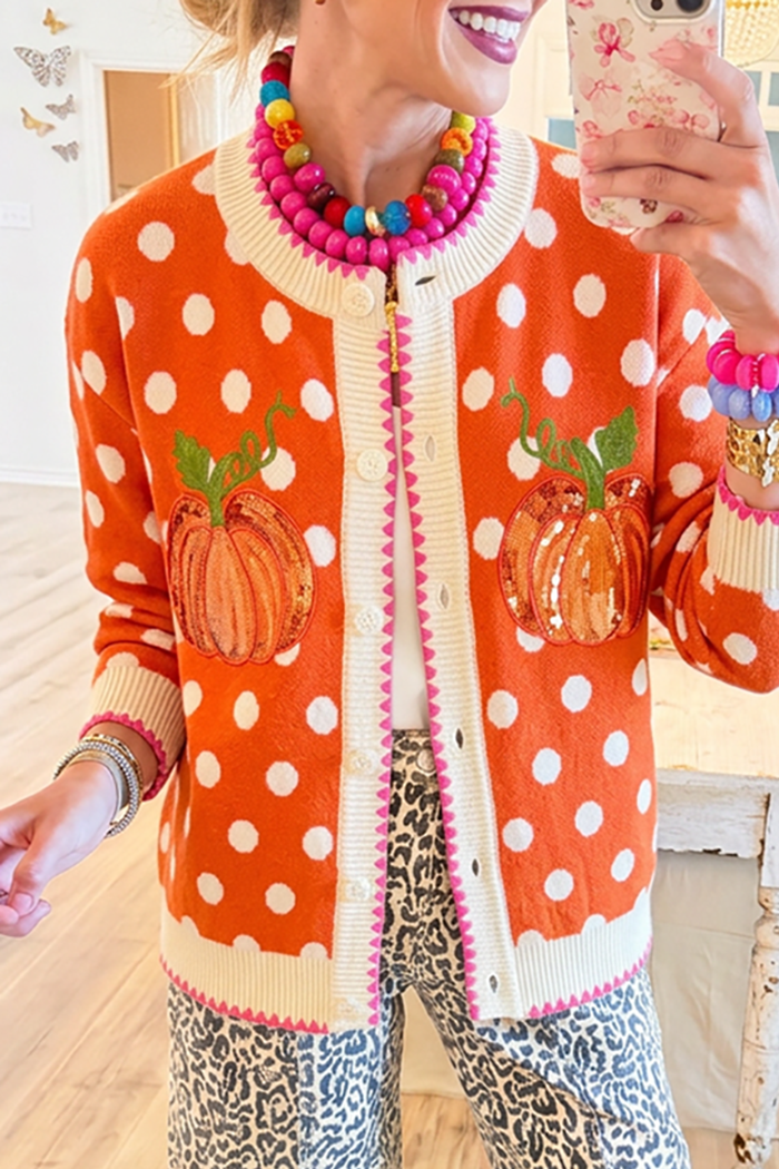 Polka Dot Sequin Pumpkin Button Knit Cardigan