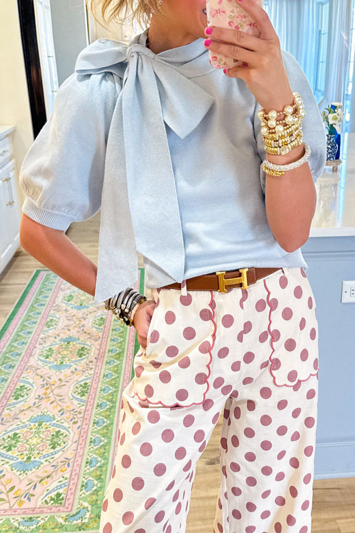 Sky Blue Puff Sleeve Bow Sweater