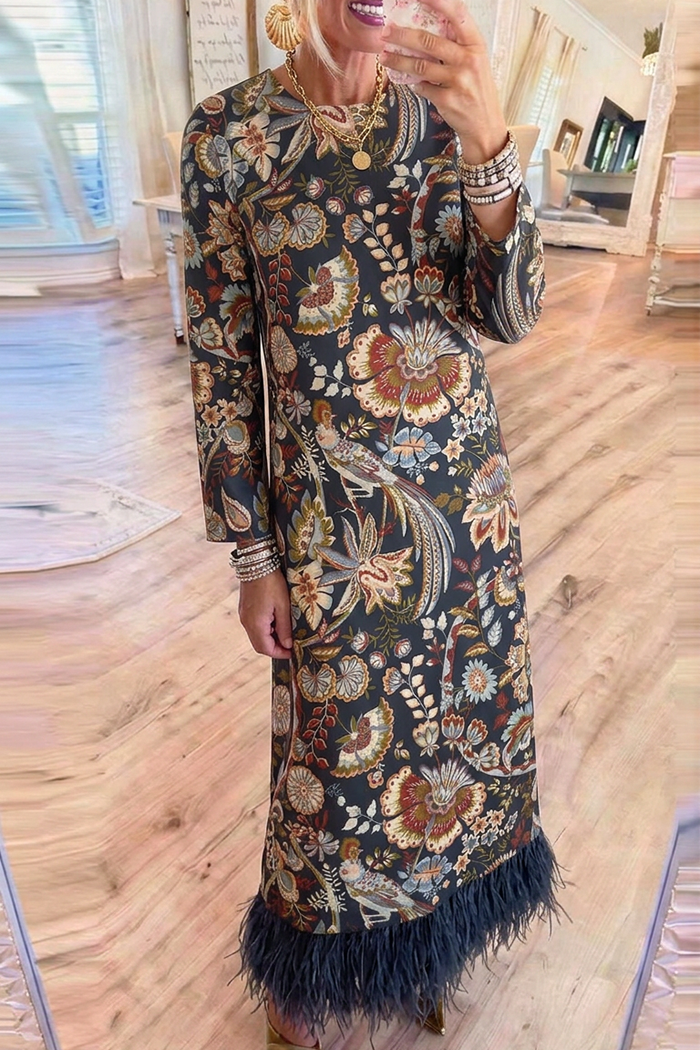Bird Floral Round Neck Long Sleeve Fringe Hem Maxi Dress