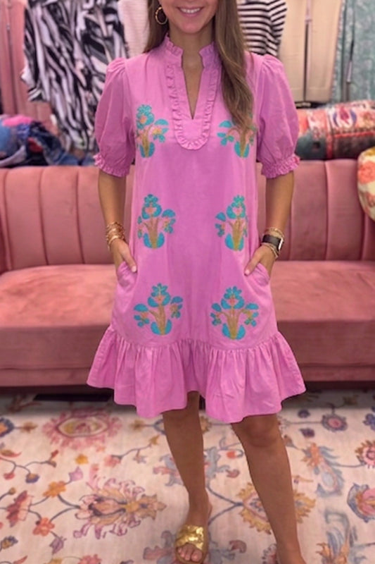 Pink Floral Ruffle Hem Pocket Dress